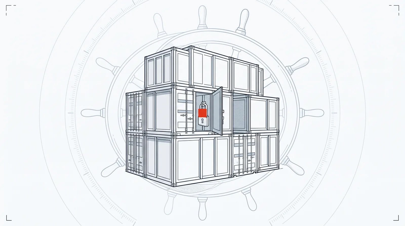 Line drawing of stacked shipping containers in front of a ship's helm wheel; one container door is open to show a red padlock.