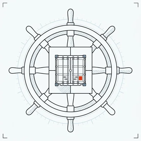 Line drawing of a ship's helm wheel with a shipping container at its hub.