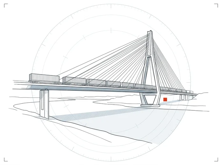A cable-stayed bridge carrying a train of shipping containers