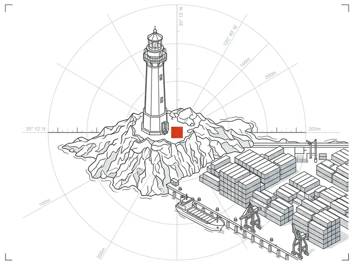 A lighthouse above a quay stacked with shipping containers