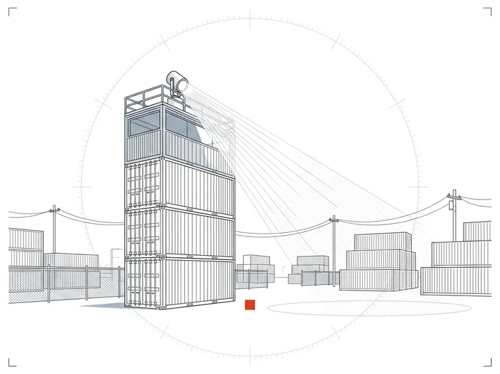 A watchtower of stacked containers sweeping a searchlight over a yard