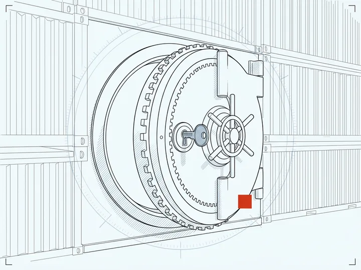 A vault door set into a wall of shipping containers
